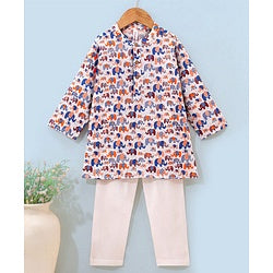 Babyhug 100% Cotton Full Sleeves Kurta With Payjama Set Elephant Print - Blue