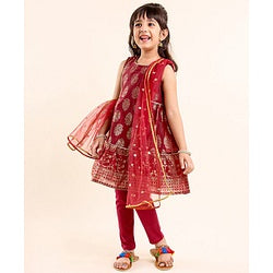 Babyhug Sleeveless Kurti With Churidar Pant & Dupatta Embroidery & Foil Print - Maroon