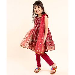 Babyhug Sleeveless Kurti With Churidar Pant & Dupatta Embroidery & Foil Print - Maroon