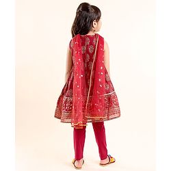 Babyhug Sleeveless Kurti With Churidar Pant & Dupatta Embroidery & Foil Print - Maroon