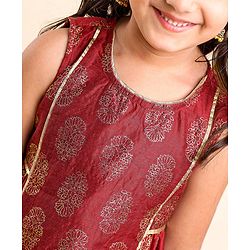 Babyhug Sleeveless Kurti With Churidar Pant & Dupatta Embroidery & Foil Print - Maroon