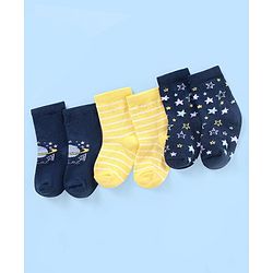 Cute Walk by Babyhug Non Terry Cotton Knit Ankle Length Anti Bacterial Socks Star Design Pack of 3 - Blue & Yellow