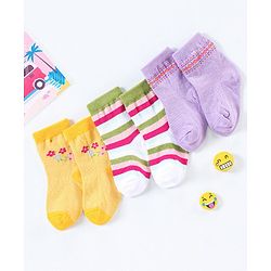 Cutewalk By Babyhug Anti Bacterial Ankle Length Non Terry Socks Floral Design Pack of 3- Yellow & Purple