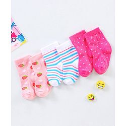 Cutewalk By Babyhug Anti Bacterial Ankle Length Non Terry Socks Strawberry Design Pack of 3- Pink
