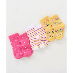 Cutewalk By Babyhug Anti Bacterial Ankle Length Non Terry Socks Floral Design Pack of 3- Pink & Yellow