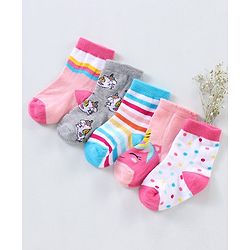 Cutewalk By Babyhug Anti Bacterial Ankle Length Non Terry Socks Unicorn Design Pack of 5 - Pink &  Blue