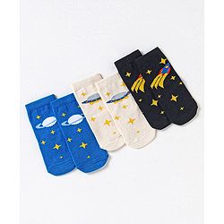 Cute Walk by Babyhug Non Terry Cotton Knit Ankle Length Anti Bacterial Socks Star Design Pack of 3 - Black & Blue
