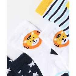 Cute Walk By Babyhug Non Terry Cotton Knit Ankle Length Anti Bacterial Socks Stripes & Stars Design Pack of 3 - Blue White & Yellow