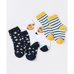 Cute Walk By Babyhug Non Terry Cotton Knit Ankle Length Anti Bacterial Socks Stripes & Stars Design Pack of 3 - Blue White & Yellow