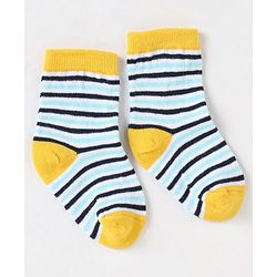 Cute Walk By Babyhug Non Terry Cotton Knit Ankle Length Anti Bacterial Socks Stripes & Stars Design Pack of 3 - Blue White & Yellow