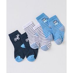 Cute Walk By Babyhug Non Terry Cotton Knit Ankle Length Anti Bacterial Socks Stripes & Zebra Design Pack of 3 - Blue & White