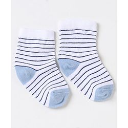 Cute Walk By Babyhug Non Terry Cotton Knit Ankle Length Anti Bacterial Socks Stripes & Zebra Design Pack of 3 - Blue & White
