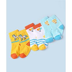 Cute Walk by Babyhug Non Terry Cotton Knit Ankle Length Anti Bacterial Socks Horse Design Pack of 3 - Yellow & Blue