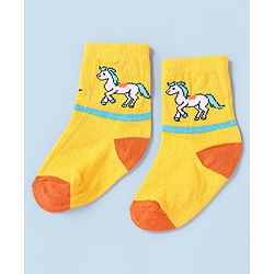 Cute Walk by Babyhug Non Terry Cotton Knit Ankle Length Anti Bacterial Socks Horse Design Pack of 3 - Yellow & Blue