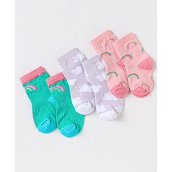 Cute Walk by Babyhug Non Terry Cotton Knit Ankle Length Anti Bacterial Socks Clouds & Rainbow Design Pack of 3 - Green Grey & Pink