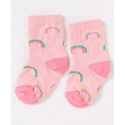 Cute Walk by Babyhug Non Terry Cotton Knit Ankle Length Anti Bacterial Socks Clouds & Rainbow Design Pack of 3 - Green Grey & Pink