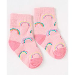 Cute Walk by Babyhug Non Terry Cotton Knit Ankle Length Anti Bacterial Socks Clouds & Rainbow Design Pack of 3 - Green Grey & Pink