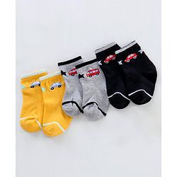 Cutewalk By Babyhug Anti Bacterial Ankle Length Non Terry Socks Car Design Pack of 3- Yellow & Black