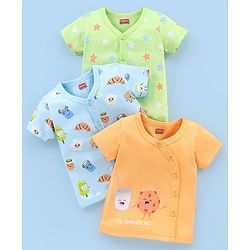 Babyhug 100% Cotton Knit Half Sleeves Vests Food & Star Print Pack of 3 - Green Blue & Orange
