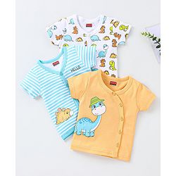 Babyhug 100% Cotton Knit Half Sleeves Striped & Dino Printed Vests Pack of 3 - Orange White & Blue