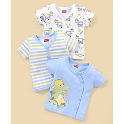 Babyhug 100% Cotton Knit Half Sleeves Striped & Dino Printed Vests Pack of 3 - White & Blue