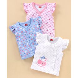 Babyhug 100% Cotton Short Sleeves Vests Cherry Print Pack of 3 - Blue & White