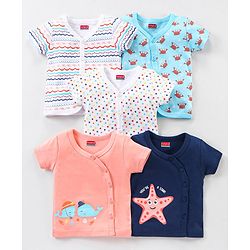 Babyhug 100% Cotton Knit Half Sleeves Star & Fish Printed Vests Pack of 5 - Navy Blue Peach & White