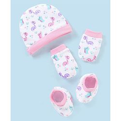 Babyhug 100% Cotton Cap Mittens & Booties Dino Print - Cap Diameter 12 cm