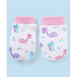 Babyhug 100% Cotton Cap Mittens & Booties Dino Print - Cap Diameter 12 cm