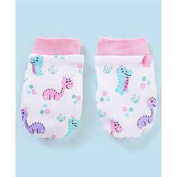 Babyhug 100% Cotton Cap Mittens & Booties Dino Print - Cap Diameter 12 cm