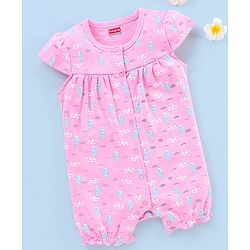 Babyhug 100% Cotton Knit Cap Sleeves Rompers Sea Horse Print - Pink