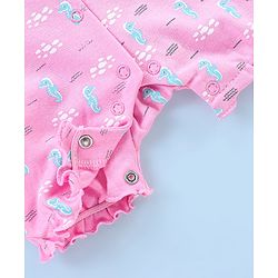 Babyhug 100% Cotton Knit Cap Sleeves Rompers Sea Horse Print - Pink