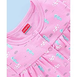 Babyhug 100% Cotton Knit Cap Sleeves Rompers Sea Horse Print - Pink