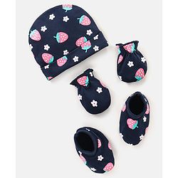 Babyhug 100% Cotton Cap Mittens & Booties Strawberry Print Navy Blue - Diameter 11.5 cm
