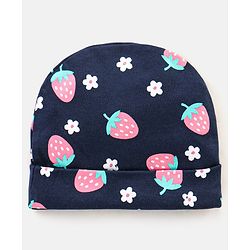 Babyhug 100% Cotton Cap Mittens & Booties Strawberry Print Navy Blue - Diameter 11.5 cm