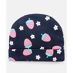 Babyhug 100% Cotton Cap Mittens & Booties Strawberry Print Navy Blue - Diameter 11.5 cm