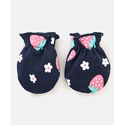Babyhug 100% Cotton Cap Mittens & Booties Strawberry Print Navy Blue - Diameter 11.5 cm