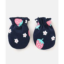 Babyhug 100% Cotton Cap Mittens & Booties Strawberry Print Navy Blue - Diameter 11.5 cm
