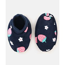 Babyhug 100% Cotton Cap Mittens & Booties Strawberry Print Navy Blue - Diameter 11.5 cm