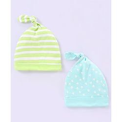 Babyhug 100% Cotton Stripped and Paw Printed Caps Pack of 2 Green and Blue - Diameter 9.5 cm