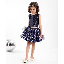 Babyhug Sleeveless Sequin Top and Heart Foil Printed Skirt - Navy Blue