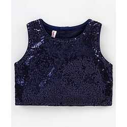 Babyhug Sleeveless Sequin Top and Heart Foil Printed Skirt - Navy Blue