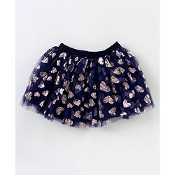 Babyhug Sleeveless Sequin Top and Heart Foil Printed Skirt - Navy Blue