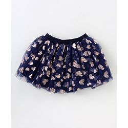 Babyhug Sleeveless Sequin Top and Heart Foil Printed Skirt - Navy Blue
