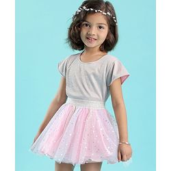 Babyhug Woven Half Sleeves Shimmer Top & Foil Printed Skirt - Pink