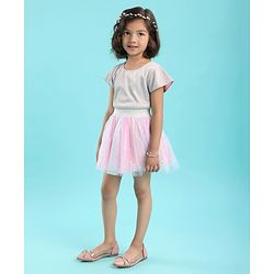 Babyhug Woven Half Sleeves Shimmer Top & Foil Printed Skirt - Pink