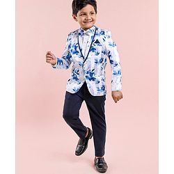 Babyhug Full Sleeves 3 Piece Floral Party Suit - Blue