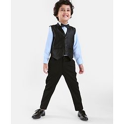 Babyhug Full Sleeves Solid Colour Party Shirt with Waistcoat & Bow - Black & Blue