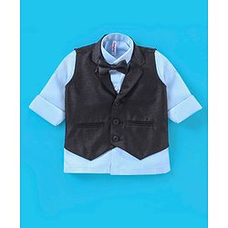 Babyhug Full Sleeves Solid Colour Party Shirt with Waistcoat & Bow - Black & Blue