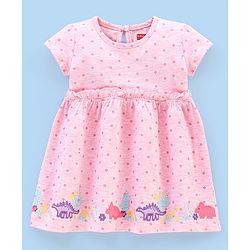 Babyhug 100% Cotton Short Sleeves Frock Dino Embroidery - Pink